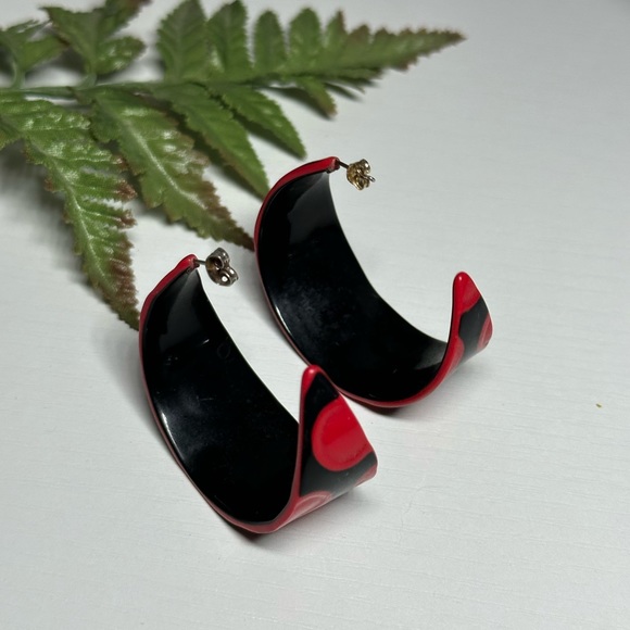 Large Half Moon Red Black Dot Women's Earrings - Picture 4 of 6